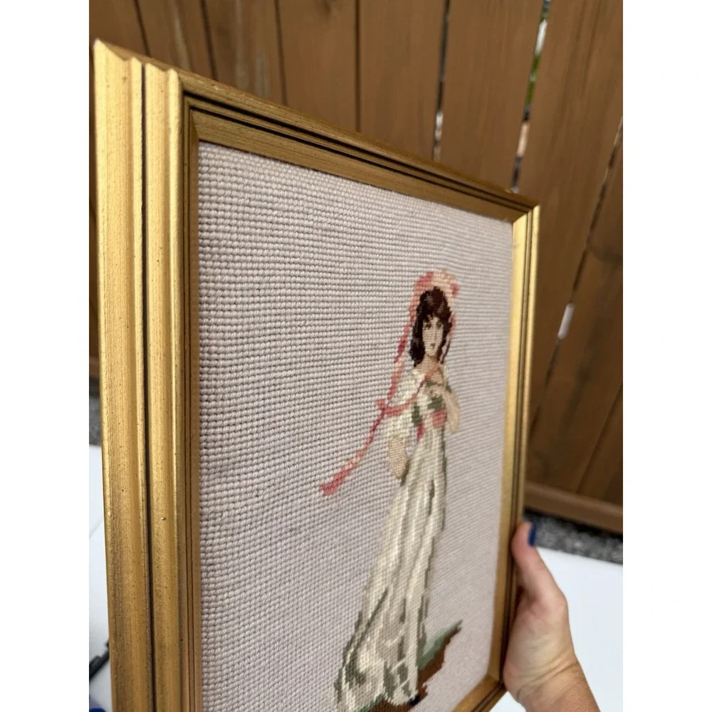 VTG‎ Needlepoint Framed Pink Girl 11